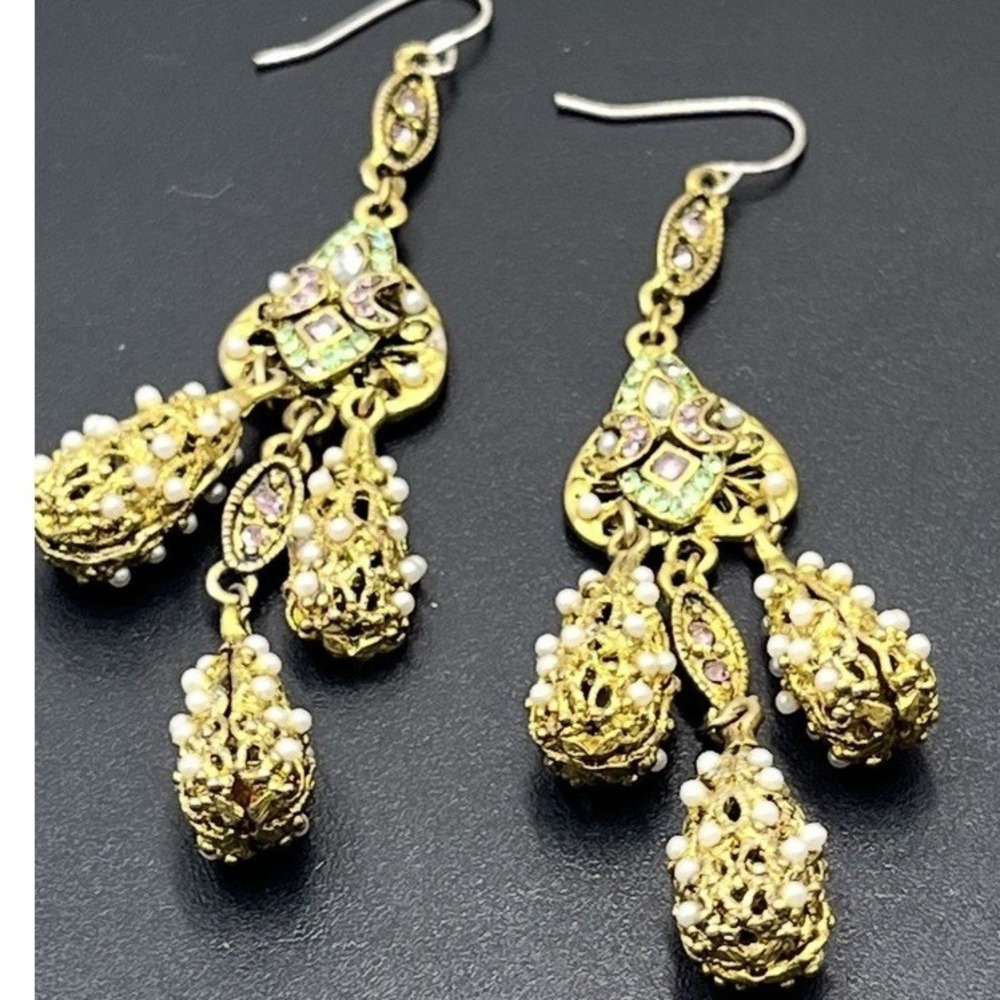 Vintage style Victorian Filigree Seed Pearl Chandelier Dangle Statement Earrings